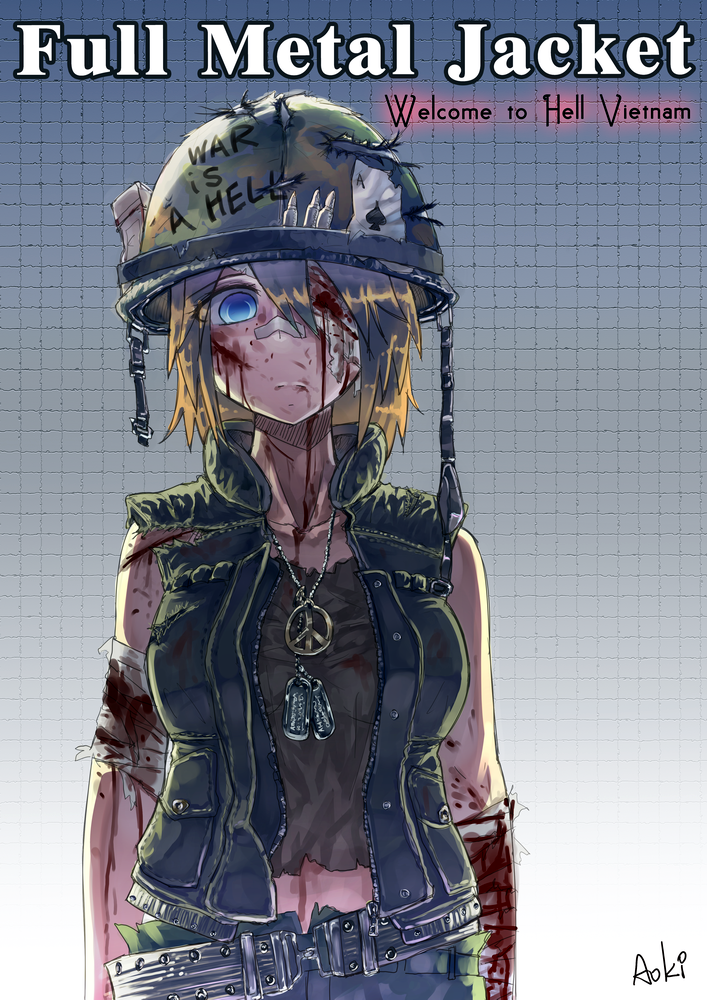 aoki_(miharuu), bandage, bandage_over_one_eye, bandages, belt, blonde_hair, blood, blue_eyes, blue_hair, bullet, card, cuts, dog_tags, english, engrish, error, full_metal_jacket, injury, jewelry, necklace, peace_symbol, playing_card, ranguage, short_hair, signature, solo, torn_clothes, vietnam