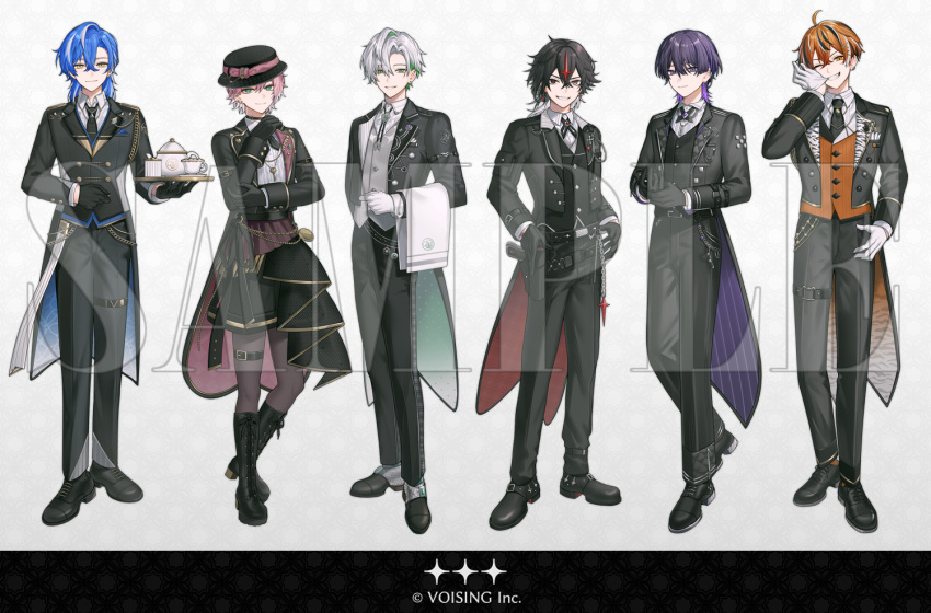 6+boys, adjusting_clothes, adjusting_gloves, ahoge, amayume_remu, animal_print, arkhe, belt