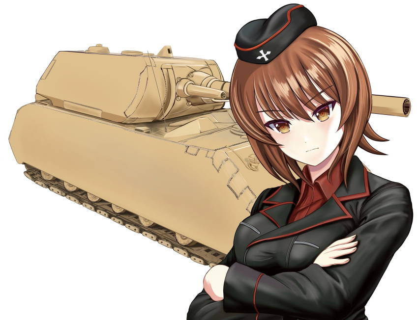 1girl, black_hat, black_jacket, breasts, brown_eyes, brown_hair, cardboard, commentary_request