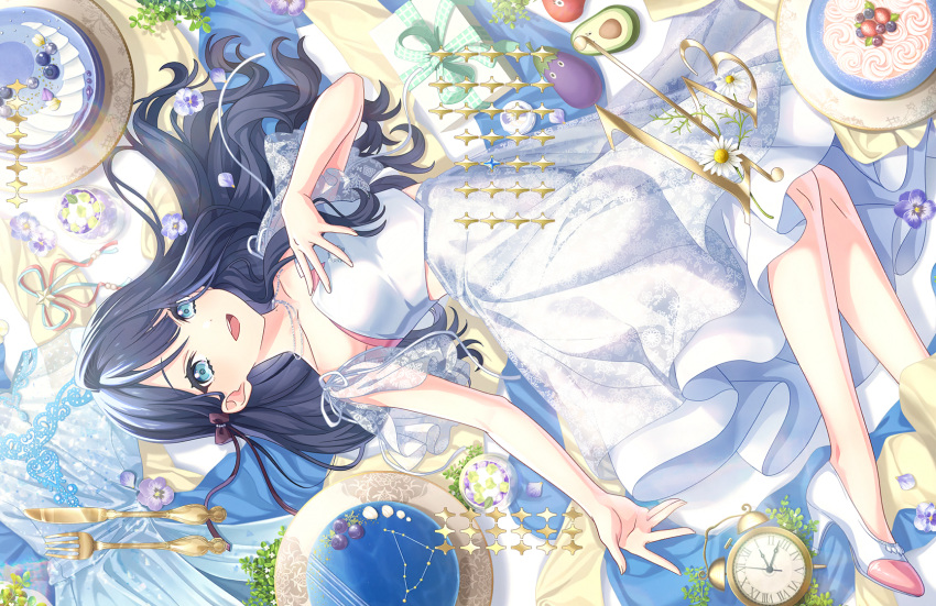 1girl, :d, alarm_clock, analog_clock, avocado_(love_live!), black_hair, blue_eyes, blueberry