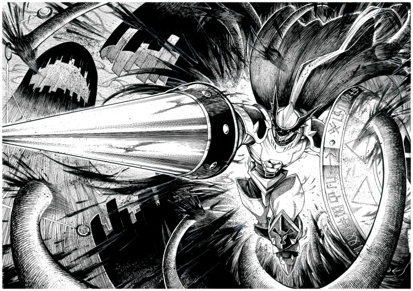 asymmetrical_dual_wielding, attack, border, cape, commentary_request, d-reaper, digimon, digimon_(creature)