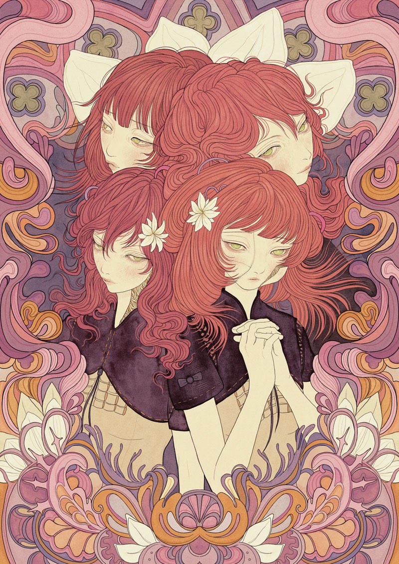 2girls, abstract_background, art_nouveau, black_sleeves, bow, closed_mouth, commentary, cracked_skin