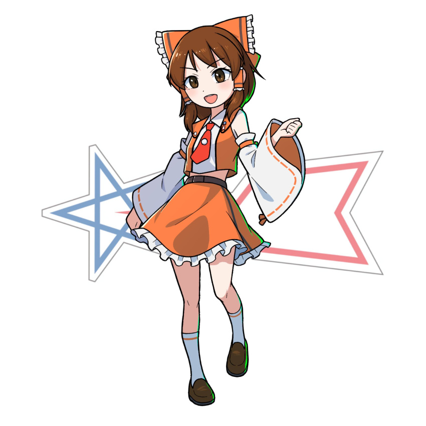 1girl, :d, absurdres, adapted_costume, badge, bare_shoulders, belt, blush, bow, breasts, brown_eyes, brown_hair, brown_shoes, buttons, clenched_hands, coat, collared_shirt, commentary, crop_top, detached_sleeves, dot_nose, frilled_bow, frilled_hair_tubes, frilled_skirt, frills, full_body, grey_belt, hair_bow, hair_tubes, hakurei_reimu, hand_up, highres, insignia, kneehighs, loafers, logo, logo_background, looking_at_viewer, medium_hair, midriff_peek, miniskirt, necktie, nontraditional_miko, open_mouth, orange_bow, orange_coat, orange_ribbon, orange_skirt, red_necktie, ribbon, ribbon-trimmed_sleeves, ribbon_trim, science_special_search_party_uniform, shirt, shoes, sidelocks, simple_background, skirt, sleeveless, sleeveless_coat, sleeveless_shirt, smile, socks, solo, standing, striped_clothes, striped_socks, teeth, tokusatsu, touhou, ultra_series, ultraman_(1st_series), upper_teeth_only, user_cftx2524, v-shaped_eyebrows, white_background, white_sleeves, white_socks, wide_sleeves