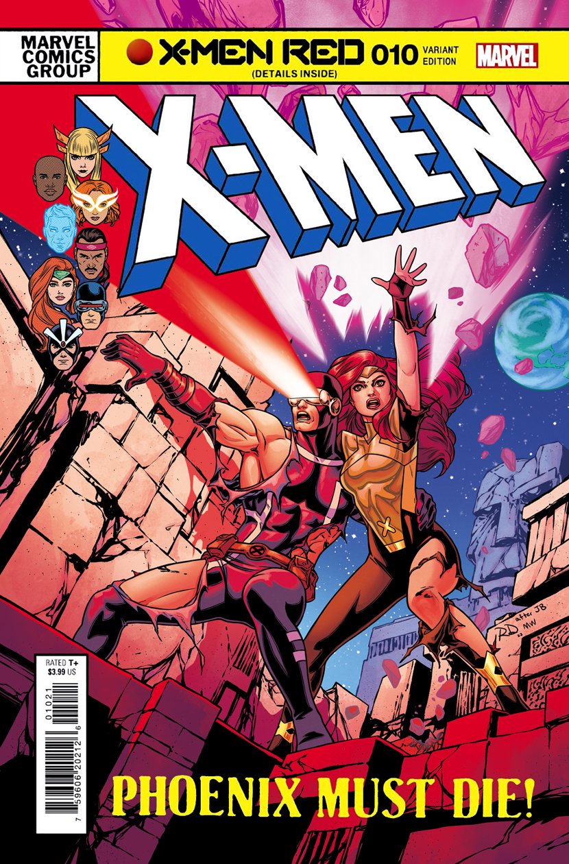 3girls, 5boys, bald, barcode, black_hair, blonde_hair, blue_bodysuit, blue_sky, bodysuit, character_name, comic_cover, commentary, copyright_logo, copyright_name, covered_abs, cyclops_(x-men), dark-skinned_male, dark_skin, english_commentary, english_text, eye_beam, firestar_(marvel), floating_hair, forehead_protector, forge_(x-men), gloves, green_bodysuit, hand_on_another's_hip, havok, head-mounted_display, highres, iceman_(x-men), jean_grey, logo, long_hair, magik_(x-men), marvel, matt_wilson, multicolored_bodysuit, multiple_boys, multiple_girls, muscular, muscular_male, night, official_alternate_costume, official_art, open_mouth, phoenix_(x-men), planet, red_hair, rubble, russell_dauterman, scott_summers, short_hair, sky, superhero_costume, synch_(x-men), telekinesis, torn_bodysuit, torn_clothes, western_comics_(style), x-men