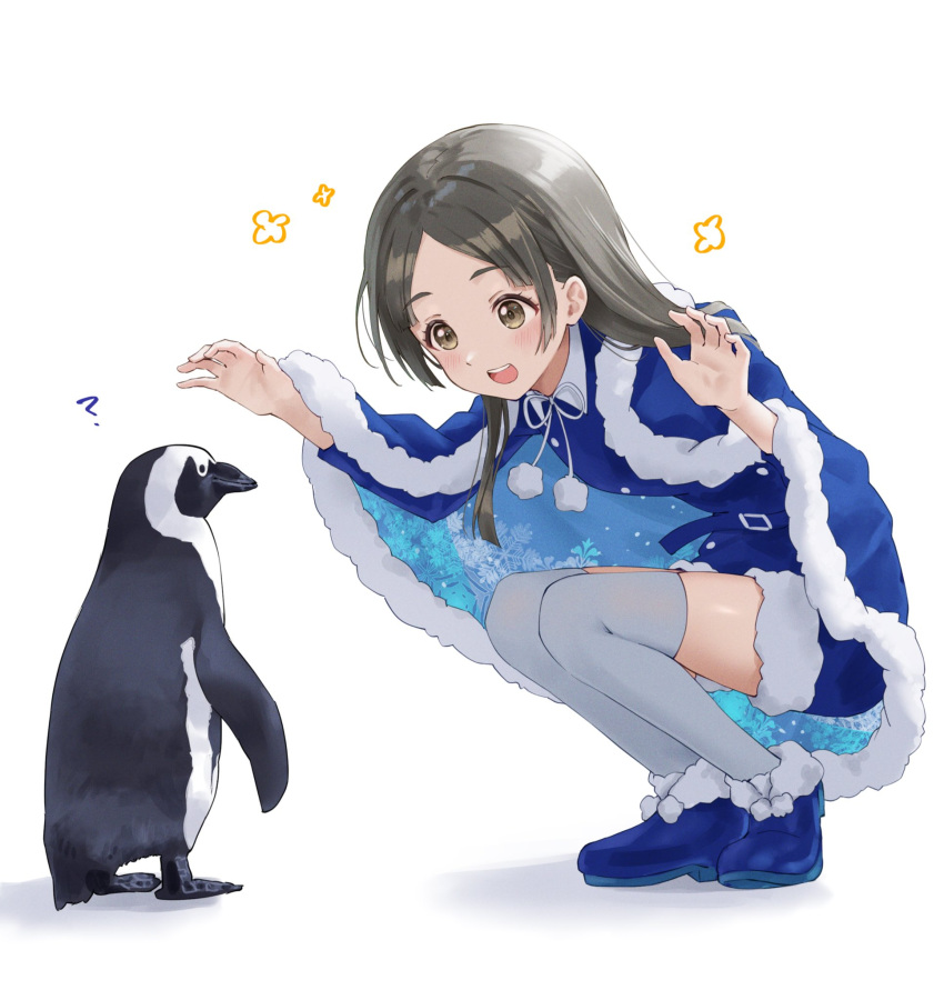 1girl, :d, ?, african_penguin, bird, blue_shoes, blush, brown_eyes