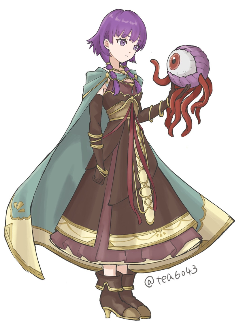 1girl, ankle_boots, boots, brown_boots, brown_dress, brown_gloves, cape, cloak