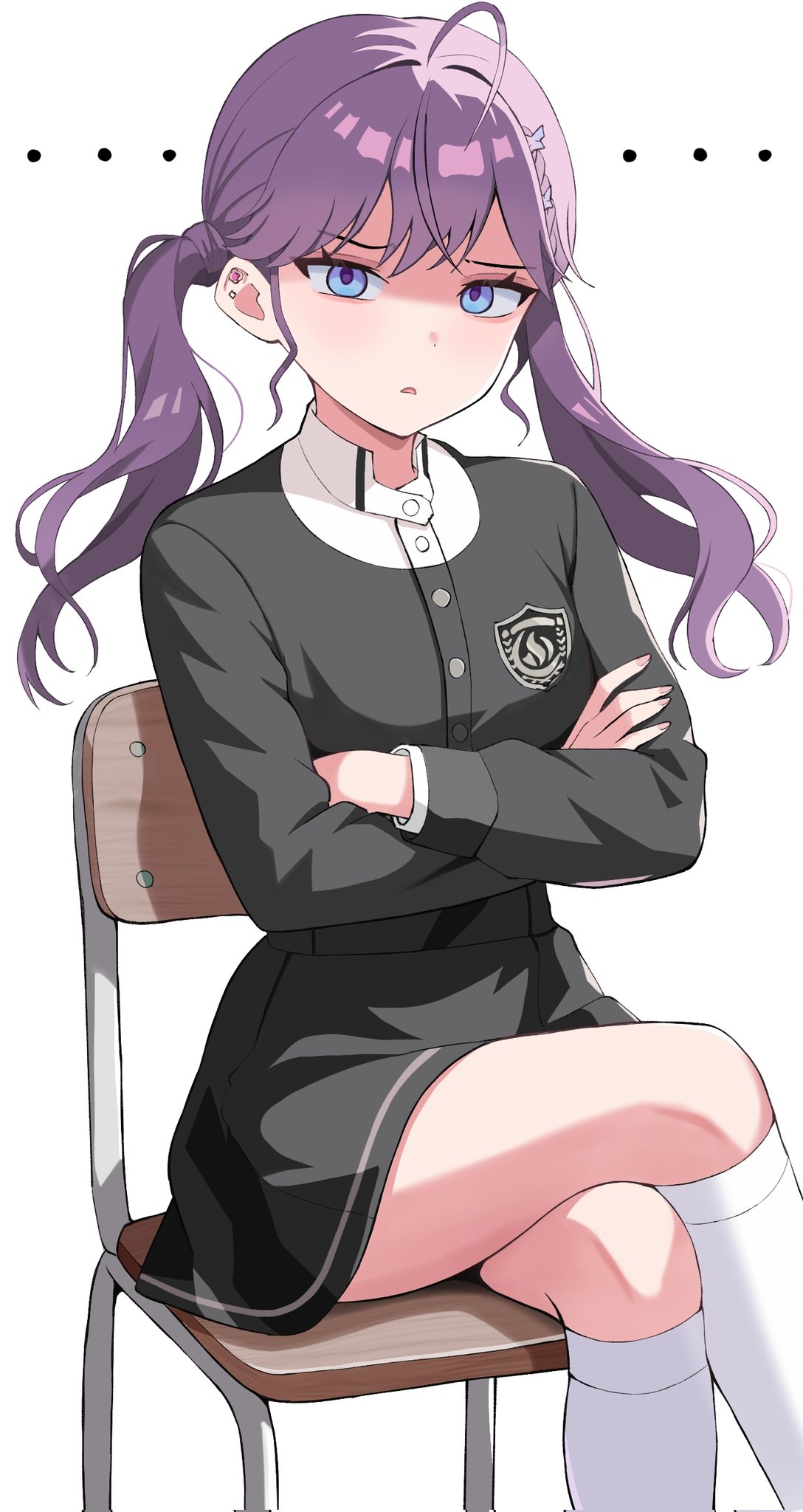 ..., 1girl, ahoge, black_jacket, black_skirt, blue_eyes, blush, chair