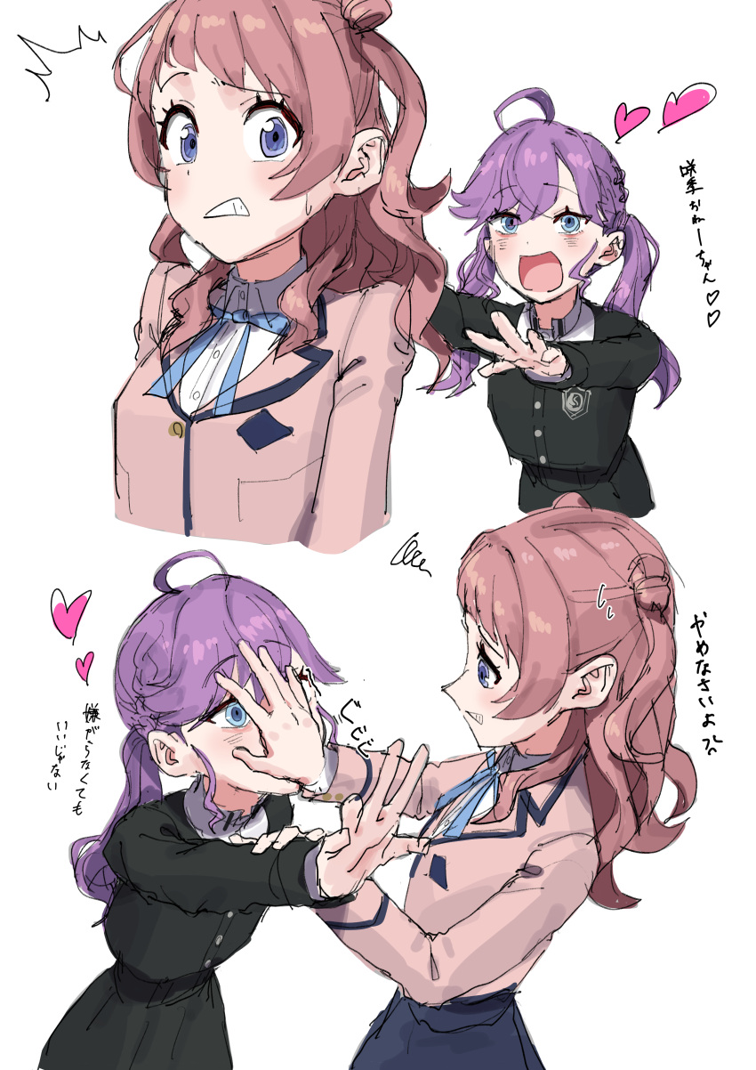 2girls, ^^^, absurdres, ahoge, amohassan, black_jacket, black_skirt, blazer