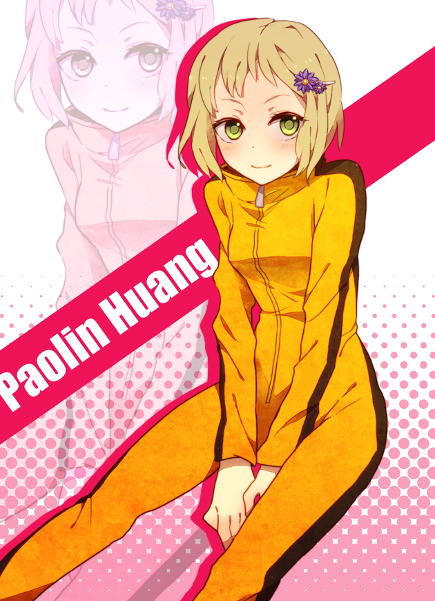 blush, bruce_lee's_jumpsuit, flower, green_eyes, hair_ornament, hairclip, huang_baoling, jumpsuit