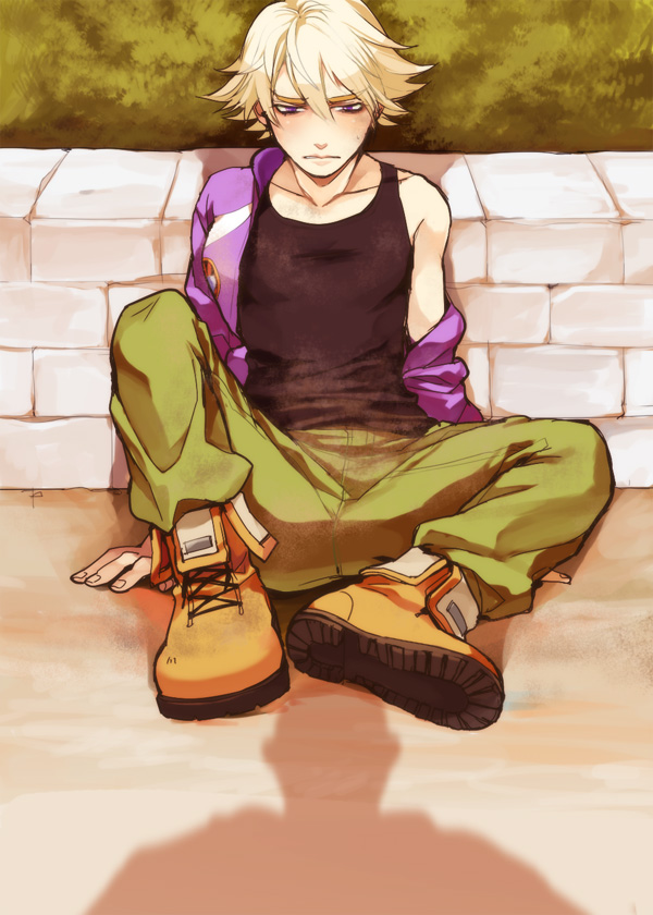 blonde_hair, boots, csikity, ivan_karelin, jacket, letterman_jacket, male, purple_eyes, purple_jacket, short_hair, sitting, solo, tiger_&amp;_bunny, violet_eyes