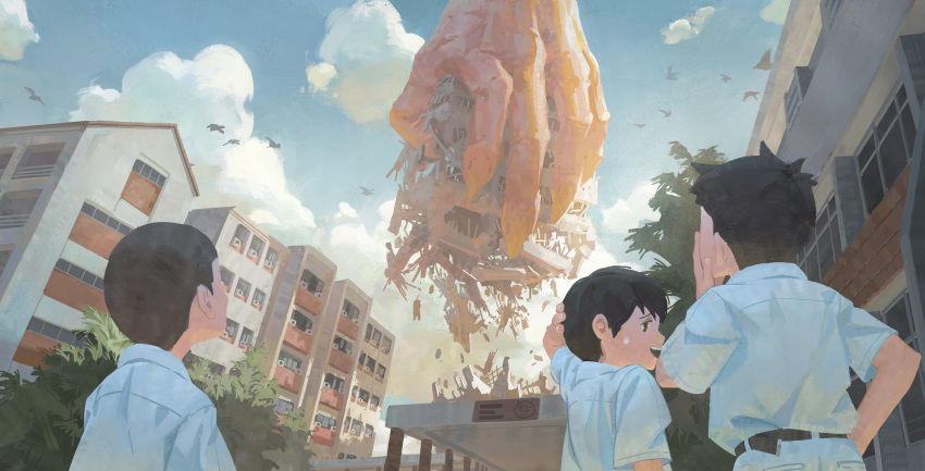 3boys, absurdres, belt, bird, black_hair, building, child, chinese_commentary