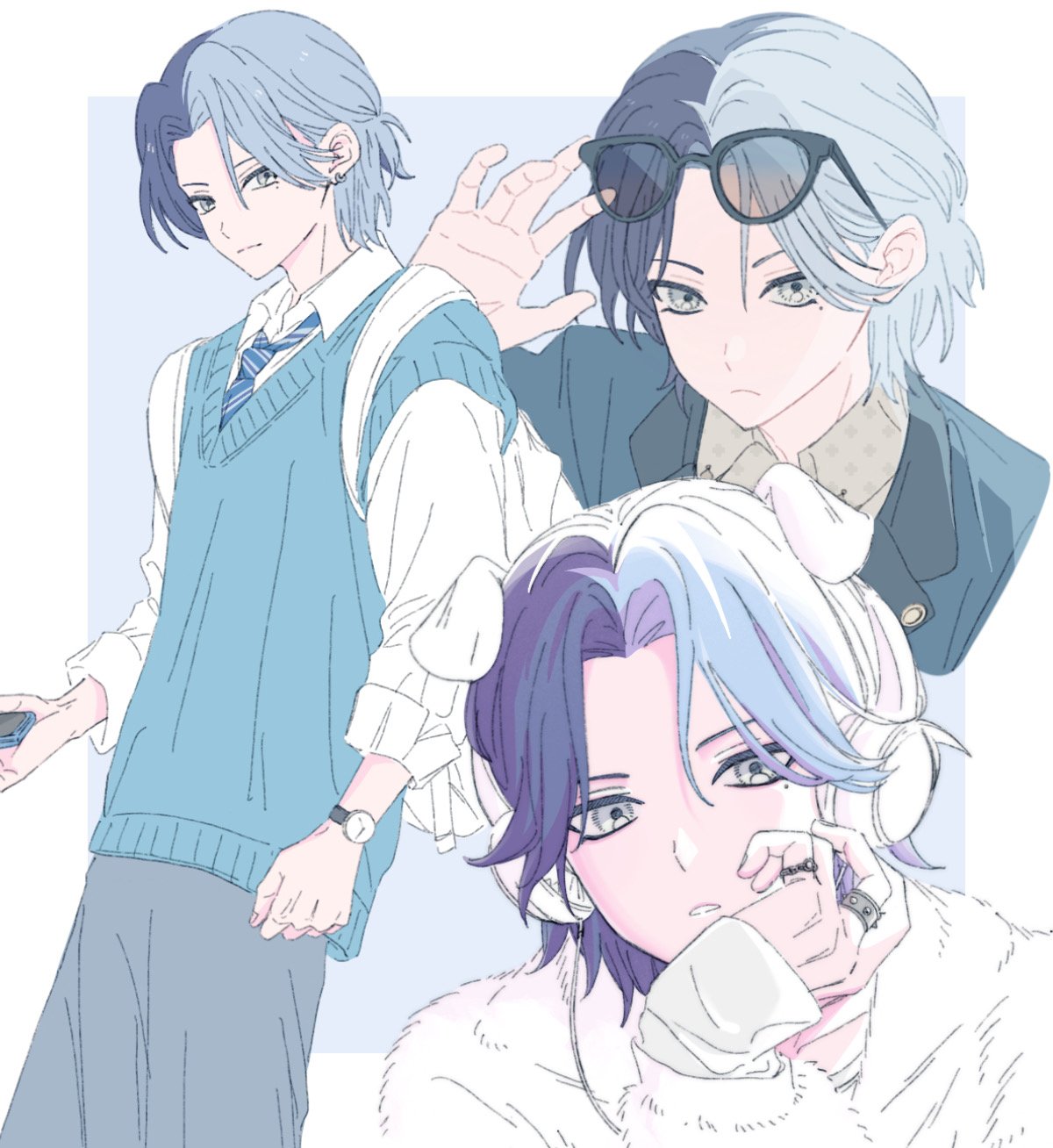 1boy, animal_ears, aoyagi_touya, arm_up, bag, blue_background, blue_eyes, blue_hair, blue_necktie, blue_sweater_vest, border, clenched_hand, closed_mouth, collared_shirt, commentary, curtained_hair, dog_ears, eyewear_on_head, hand_up, headphones, highres, jewelry, lapels, llli_illli_illl, long_sleeves, looking_at_viewer, male_focus, mole, mole_under_eye, multicolored_hair, multicolored_necktie, multiple_views, necktie, notched_lapels, official_alternate_hairstyle, omoi_wo_nosete!_dream_stage_(project_sekai), outside_border, parted_lips, project_sekai, ring, school_uniform, shirt, split-color_hair, sunglasses, sweater_vest, symbol-only_commentary, two-tone_hair, watch, watch, white_border, white_shirt