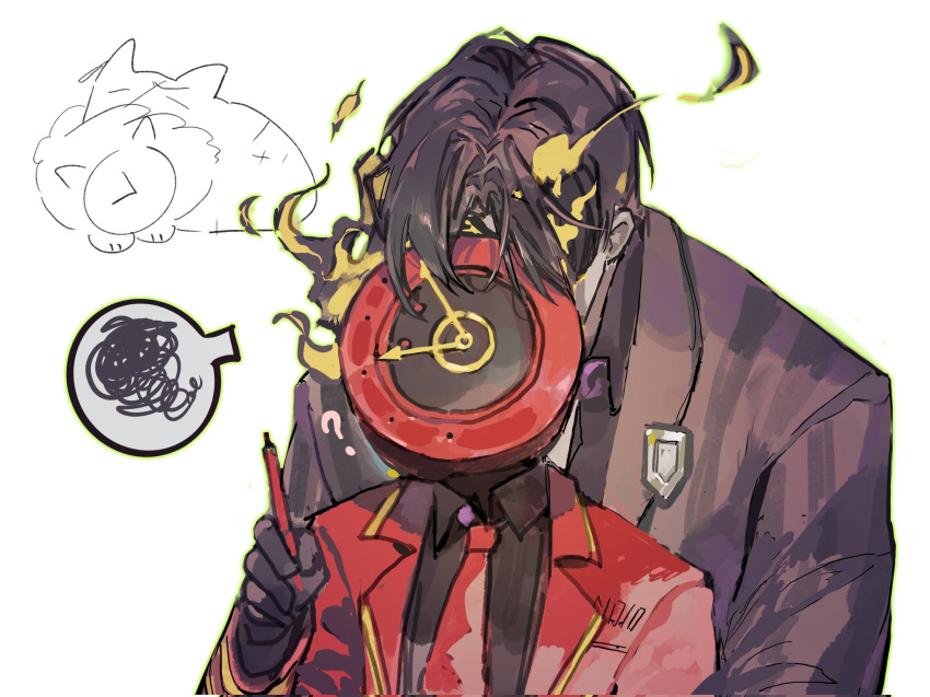 1boy, 1other, ?, badge, black_jacket, black_shirt, clock, coat