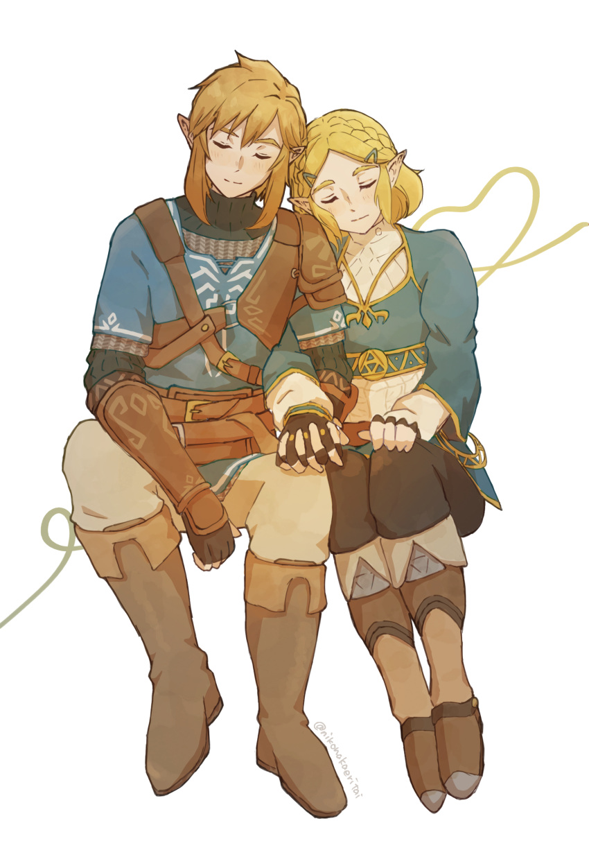 1boy, 1girl, belt, black_pants, blonde_hair, blue_shirt, blue_tunic, boots