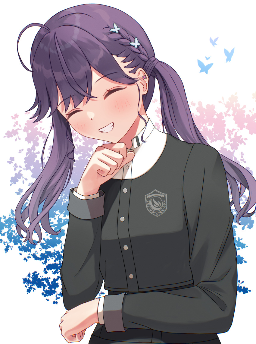 1girl, ^_^, absurdres, ahoge, black_jacket, black_skirt, blush, braid