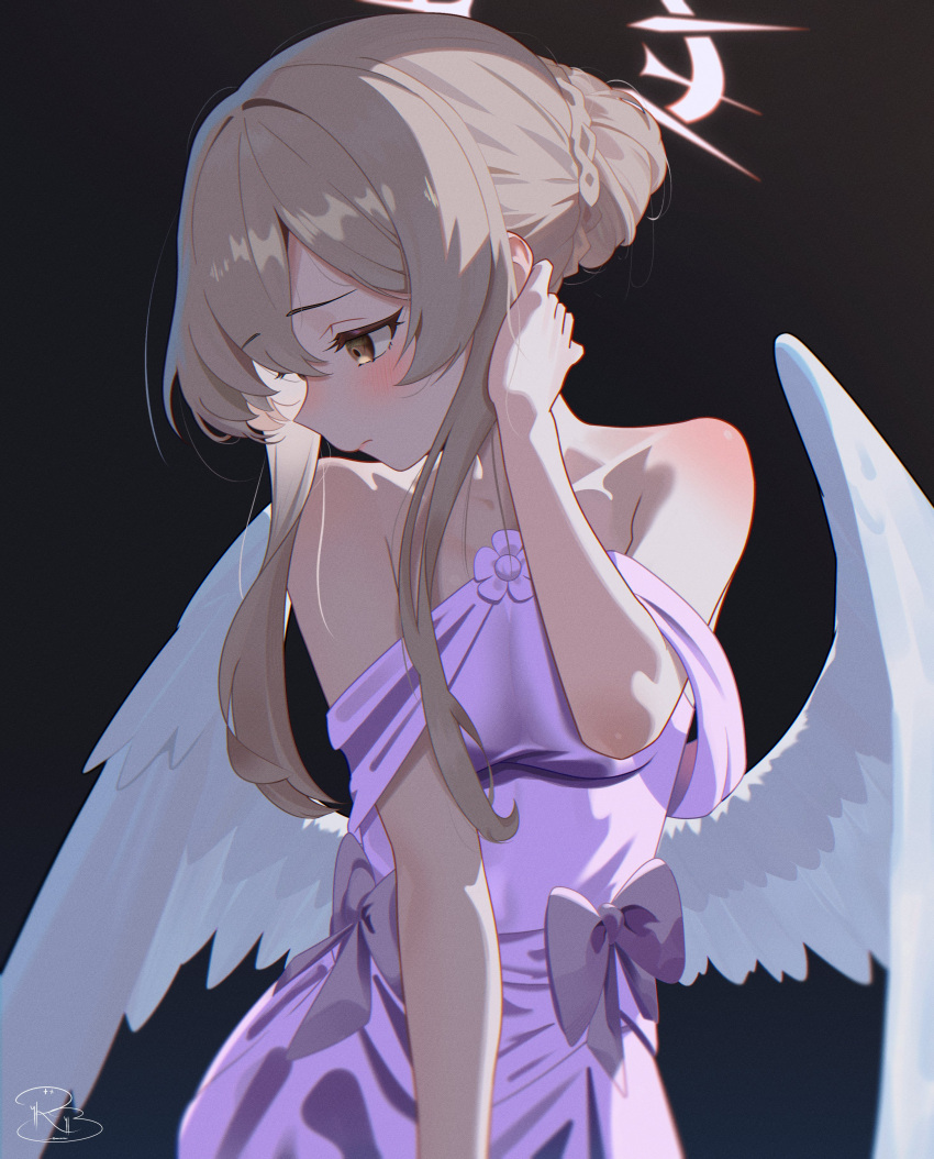 1girl, absurdres, angel_wings, averting_eyes, backlighting, bare_shoulders, black_background, blue_archive