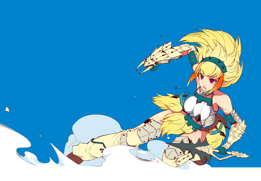 bare_shoulders, barioth_(armor), blonde_hair, breasts, capcom, dagger, highres, monster_hunter