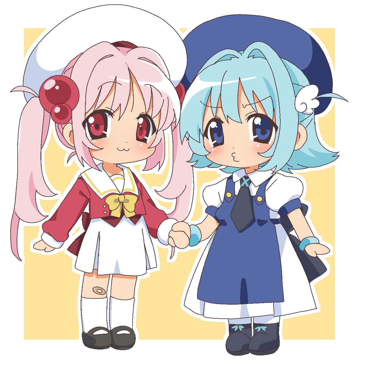 2girls, :3, bk_(barakoodra), black_necktie, black_shoes, blue_bow, blue_eyes, blue_hair