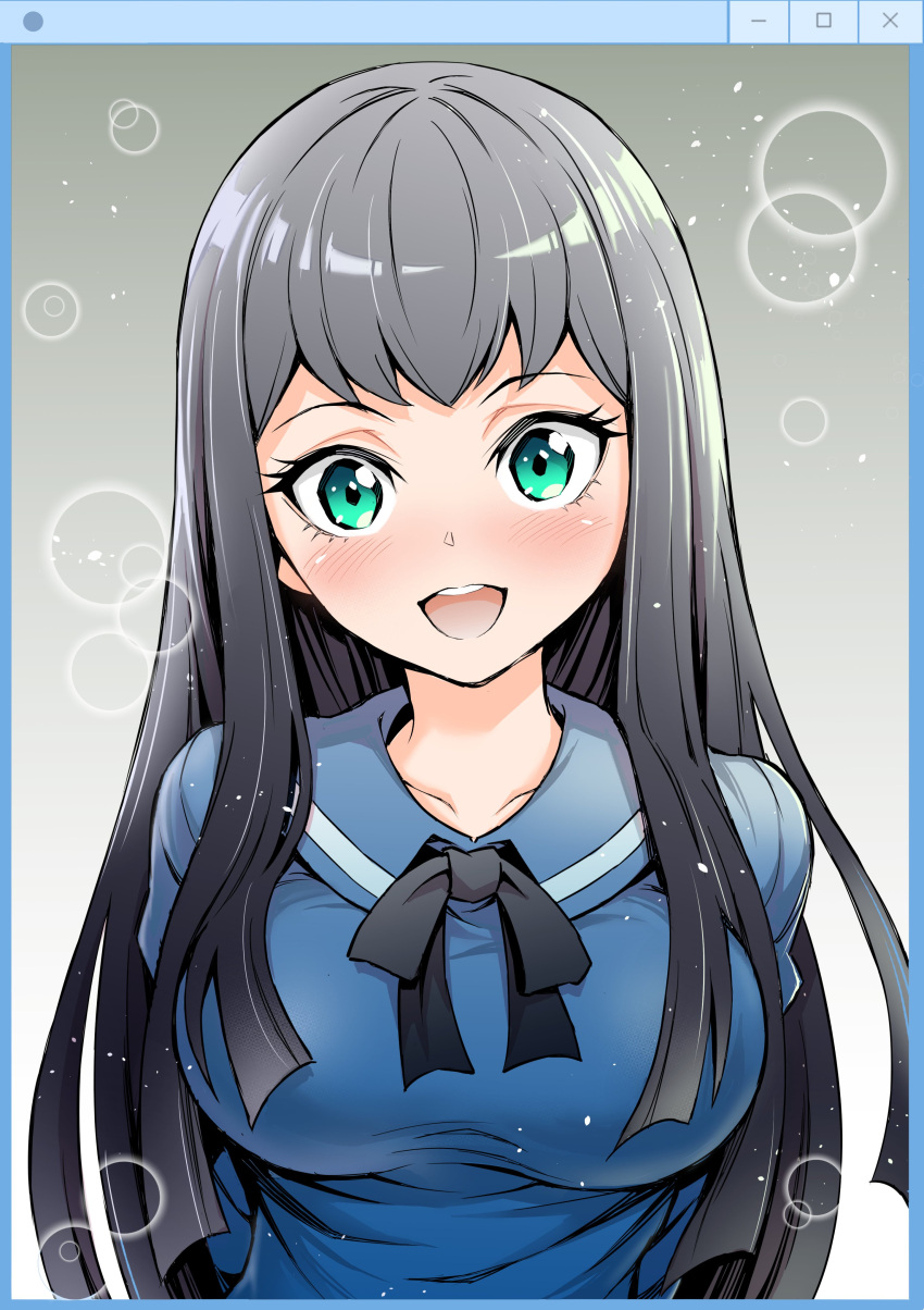 1girl, absurdres, aqua_eyes, asai_ren, black_bow, black_bowtie, black_hair, blue_shirt, bow, bowtie, breasts, commentary_request, highres, jikkyou_powerful_pro_yakyuu, long_hair, looking_at_viewer, open_mouth, pawahotel3021, power_pro_kun_pocket, power_pro_kun_pocket_12, shirt, solo, teeth, upper_body, upper_teeth_only, window_(computing)