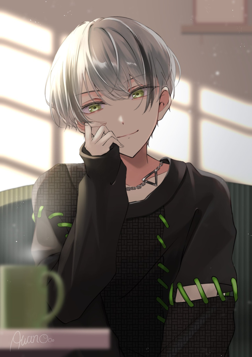1girl, androgynous, artist_name, awanoo, black_shirt, black_streaks, blurry, blurry_background, blurry_foreground, closed_mouth, collarbone, commentary_request, cup, depth_of_field, dot_nose, green_eyes, grey_hair, hair_between_eyes, hand_up, highres, hinomori_shiho, indoors, jewelry, long_sleeves, looking_at_viewer, mug, multicolored_hair, necklace, official_alternate_costume, official_alternate_hairstyle, project_sekai, reverse_trap, shirt, short_hair, sidelighting, sleeves_past_wrists, smile, solo, steam, straight-on, streaked_hair, tsurime, upper_body, very_short_hair