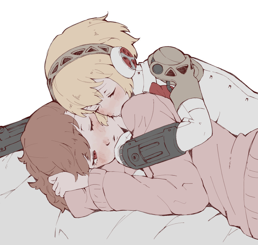 2girls, absurdres, aigis_(persona), android, blonde_hair, brown_hair, closed_eyes, cuddling