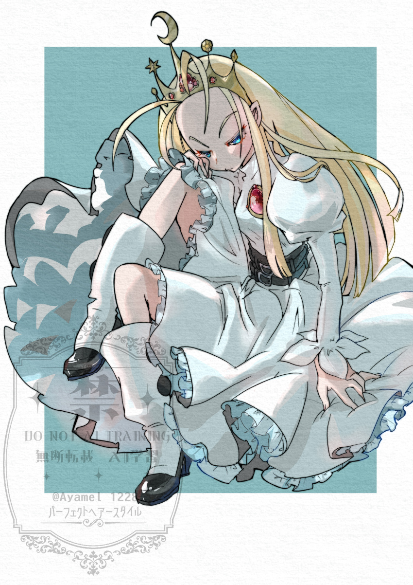 1girl, absurdres, ayamel_1228, belt, belt_around_waist, blonde_hair, blue_eyes, boots