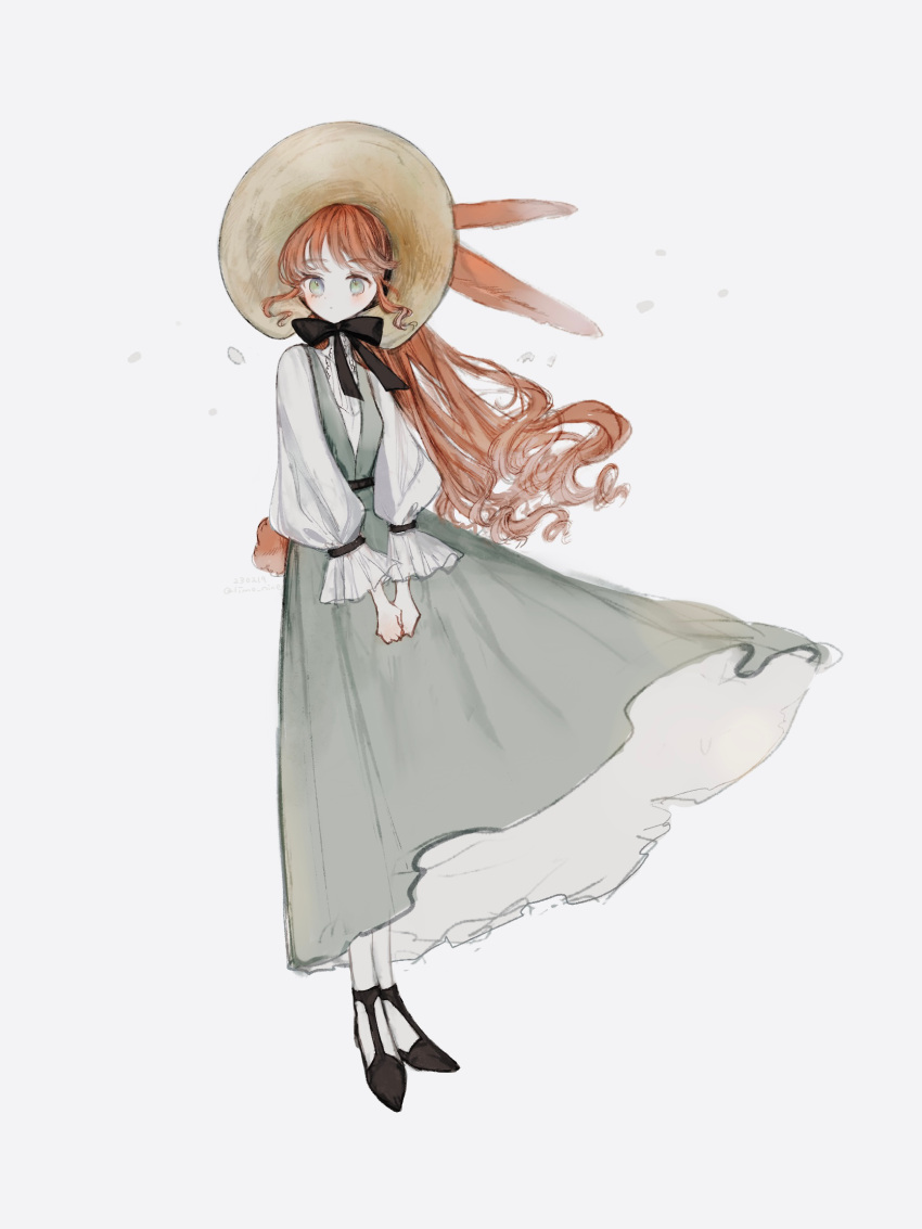 1girl, animal_ears, black_shoes, bonnet, brown_bonnet, chinstrap, clenched_hands, closed_mouth, commentary_request, dated, dress, floating_hair, full_body, green_dress, green_eyes, highres, limo_nine, long_hair, long_sleeves, looking_at_viewer, original, pantyhose, puffy_long_sleeves, puffy_sleeves, rabbit_ears, rabbit_girl, rabbit_tail, red_hair, shirt, shoes, signature, simple_background, solo, standing, tail, v_arms, wavy_hair, white_background, white_pantyhose, white_shirt, wind, wind_lift
