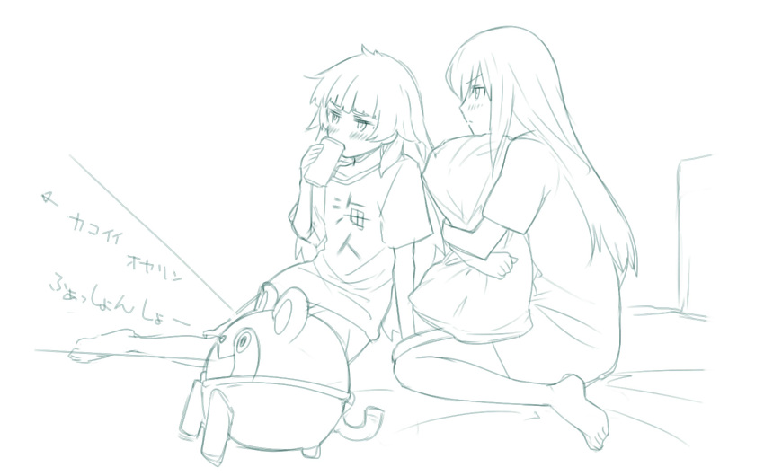 2girls, barefoot, blush, commentary_request, drinking, drunk, highres, hiyajou_maho, hugging_pillow, kneeling, long_hair, loungewear, makise_kurisu, menomorute, monochrome, multiple_girls, science_adventure, shirt, short_sleeves, steins;gate, steins;gate_0, t-shirt, upa_(steins;gate)