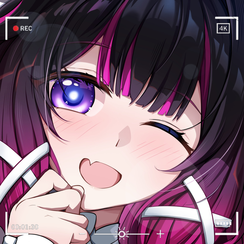 1girl, absurdres, black_hair, blush, close-up, columbina_(genshin_impact), commentary_request, fang