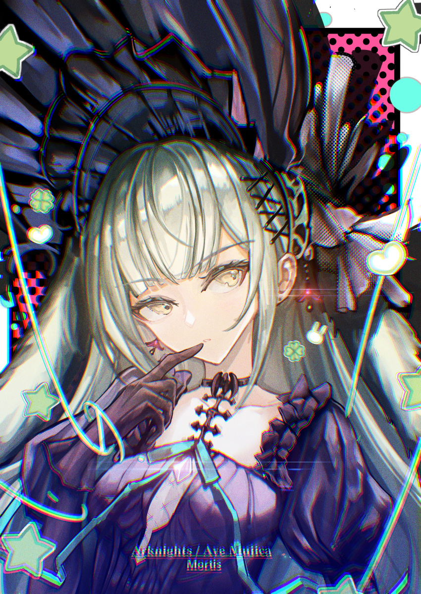1girl, aqua_ribbon, arknights, bang_dream!, bang_dream!_it's_mygo!!!!!, black_shirt, brown_gloves, chromatic_aberration