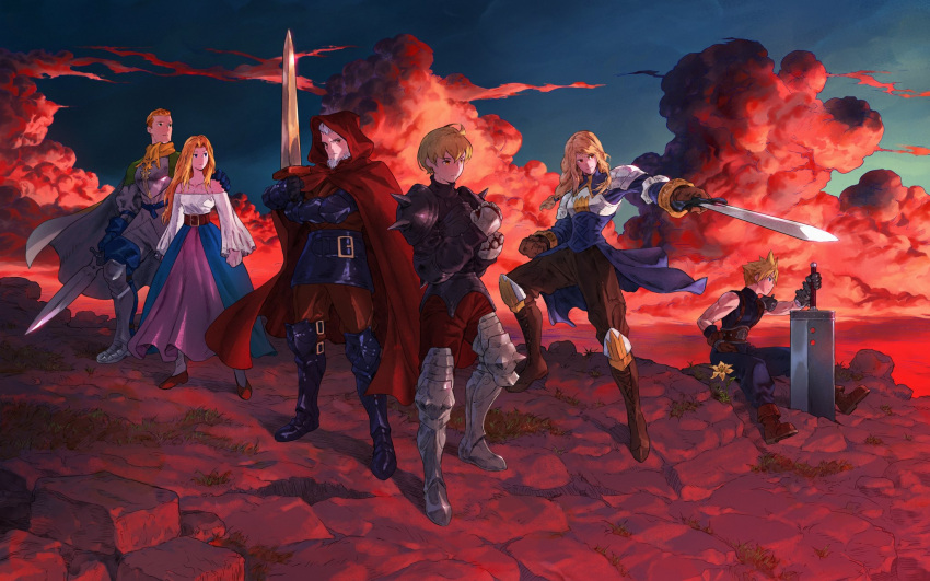 2girls, 4boys, agrias_oaks, armor, beard, beowulf_cadmus, blonde_hair, buster_sword