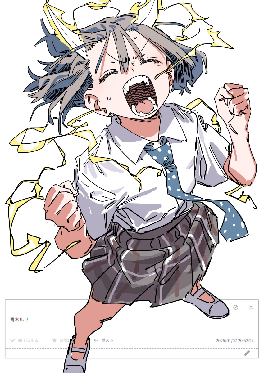 1girl, absurdres, aoki_ruri, blue_necktie, clenched_hands, closed_eyes, collared_shirt, electricity, facing_viewer, floating_hair, grey_hair, grey_shoes, grey_skirt, hair_between_eyes, hands_up, haruyuki_(gffewuoutgblubh), highres, horns, necktie, odaibako, open_mouth, polka_dot_necktie, powering_up, request_inset, ruridragon, school_uniform, screaming, shirt, shoes, short_hair, short_sleeves, simple_background, skirt, solo, standing, striped_clothes, striped_skirt, sweat, vertical-striped_clothes, vertical-striped_skirt, white_background, white_horns, white_shirt