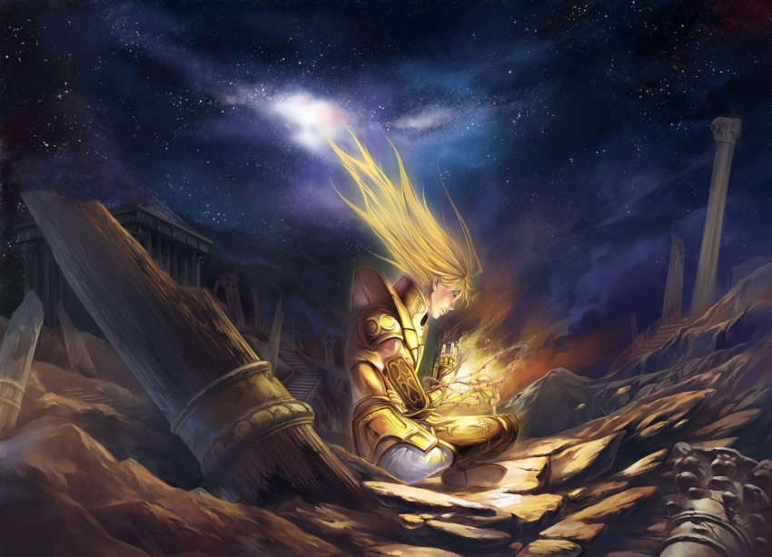 blonde_hair, long_hair, night, onisakiyoruka, rosary, saint_seiya, sky, solo