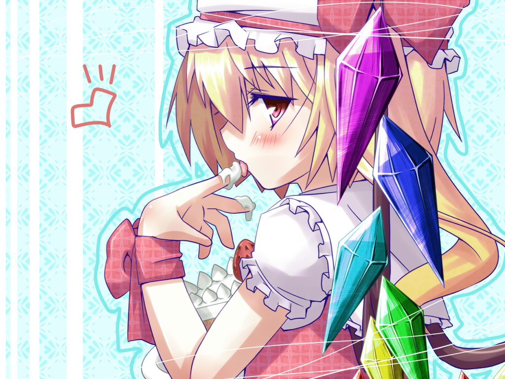 bad_id, blonde_hair, blush, bust, cake, flandre_scarlet, food, fruit, hat, hat_ribbon, heart, icing, licking, profile, red_eyes, ribbon, side_ponytail, solo, strawberry, terakimoth, the_embodiment_of_scarlet_devil, tongue, torikura1000, touhou, wings, wrist_ribbon
