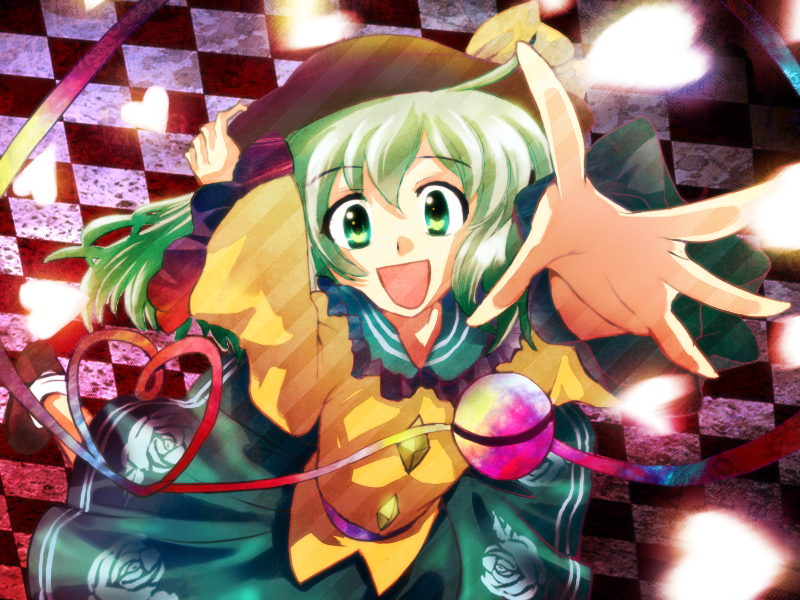 bow, eyeball, flower, green_eyes, green_hair, hat, heart, komeiji_koishi