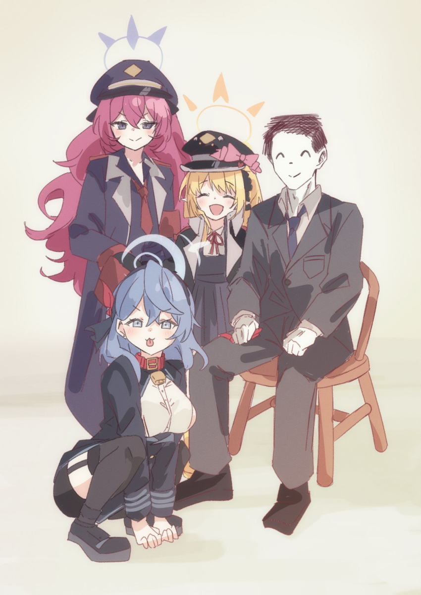 1boy, 3girls, ako_(blue_archive), blue_archive, blue_halo, collar, commentary_request, halo