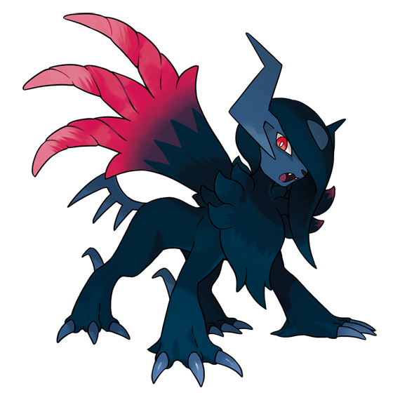 absol, asymmetrical_horns, black_fur, blue_horns, body_fur, claws, colored_skin, fangs