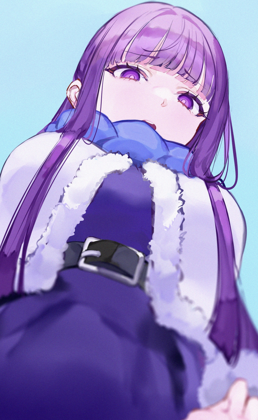 1girl, absurdres, belt, belt_buckle, black_belt, black_eyeliner, blue_scarf, blunt_bangs, breasts, buckle, capelet, coat, commentary, disgust, dress, eyelashes, eyeliner, fern_(sousou_no_frieren), frieren_lap_pillow_(meme), from_below, highres, lap_pillow, large_breasts, long_hair, long_sleeves, looking_at_viewer, makeup, meme, mile_(off8mile), open_mouth, pov, purple_hair, purple_pupils, scarf, scowl, sidelocks, simple_background, solo, sousou_no_frieren, straight_hair, violet_eyes, white_capelet