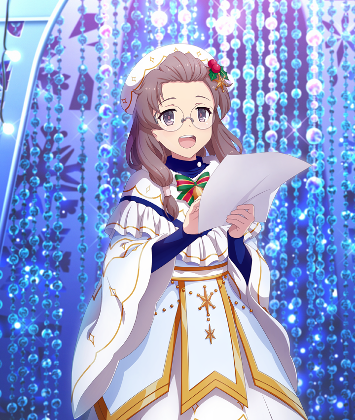1girl, :d, bangs_pinned_back, beads, bell, beret, bow, bowtie, brown_hair, capelet, christmas, cowboy_shot, dot_nose, dress, forehead, fukuda_sawano, game_cg, green_bow, green_bowtie, hat, hat_ornament, holding, holding_paper, holly_hat_ornament, long_hair, long_sleeves, looking_at_viewer, low-tied_long_hair, official_art, open_mouth, paper, smile, solo, striped_bow, striped_bowtie, striped_clothes, teeth, third-party_source, toji_no_miko, toji_no_miko:_kizamishi_issen_no_tomoshibi, upper_teeth_only, violet_eyes, white_capelet, white_dress, white_hat