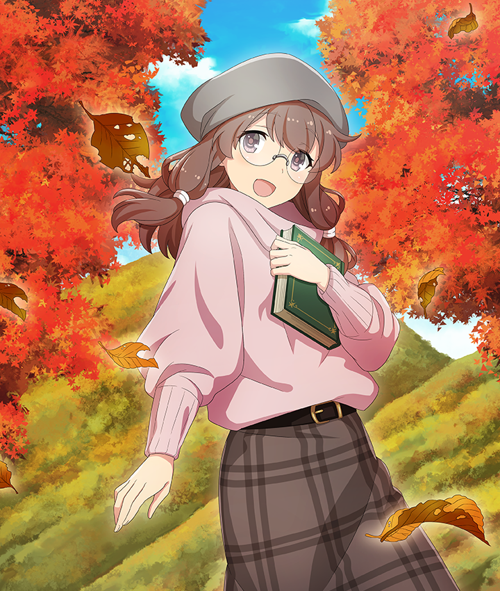 1girl, :d, autumn, autumn_leaves, baggy_clothes, belt, beret, black_belt, blue_sky, book, brown_hair, brown_skirt, clouds, cowboy_shot, day, double-parted_bangs, falling_leaves, fukuda_sawano, game_cg, glasses, grey_hat, hat, holding, holding_book, leaf, long_hair, long_sleeves, looking_at_viewer, low-tied_long_hair, mountain, official_art, open_mouth, pink_sweater, plaid_clothes, plaid_skirt, skirt, sky, smile, solo, sweater, third-party_source, toji_no_miko, toji_no_miko:_kizamishi_issen_no_tomoshibi, tree, violet_eyes