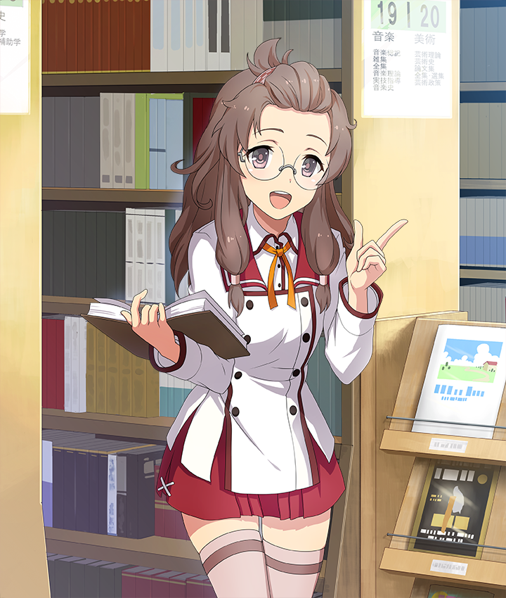 1girl, :d, bangs_pinned_back, book, bookshelf, brown_hair, brown_thighhighs, buttons