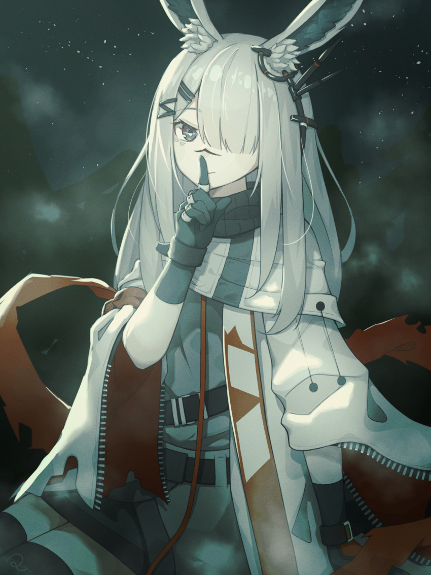 1girl, animal_ear_fluff, animal_ears, arknights, black_eyes, black_gloves, cloak, commentary_request