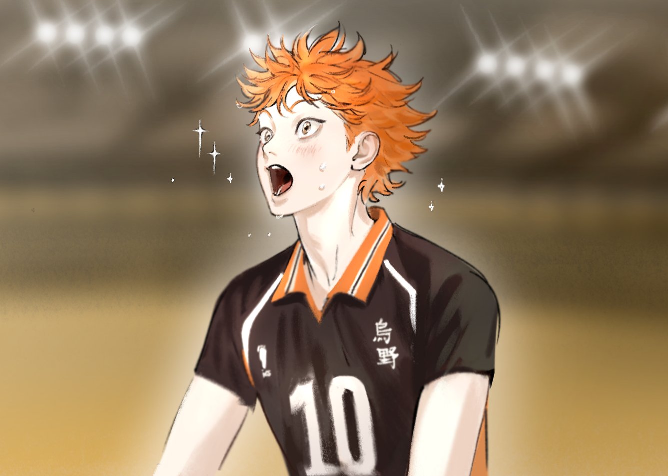 1boy, black_shirt, blurry, blurry_background, blush, collared_shirt, commentary_request, haikyuu!!, hinata_shouyou, karasuno_volleyball_uniform, korean_commentary, male_focus, mh_o_o9, open_mouth, orange_hair, shirt, short_hair, solo, sparkle, sweat, teeth, upper_body