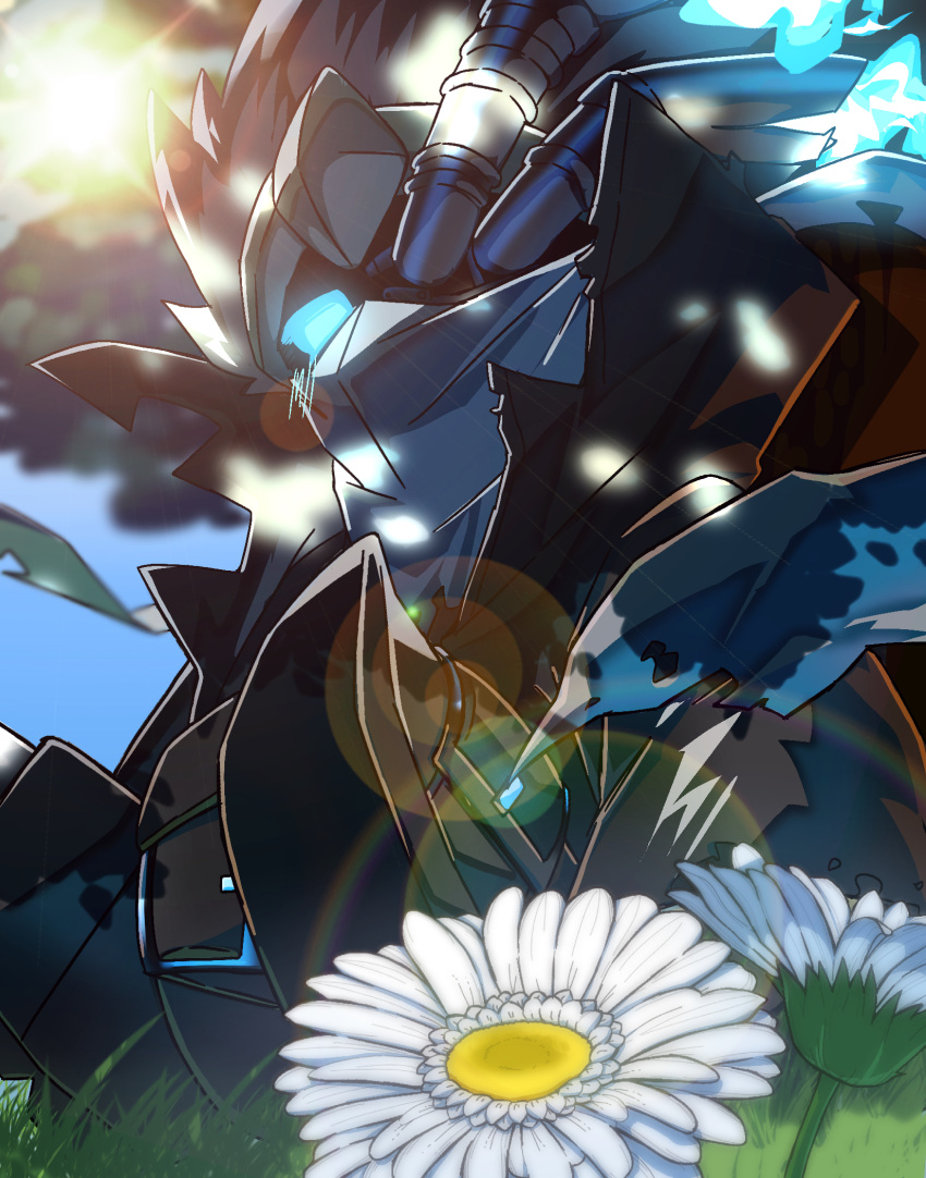 black_hair, black_jacket, blue_eyes, blue_fire, commentary_request, exhaust_pipe, fire, flower