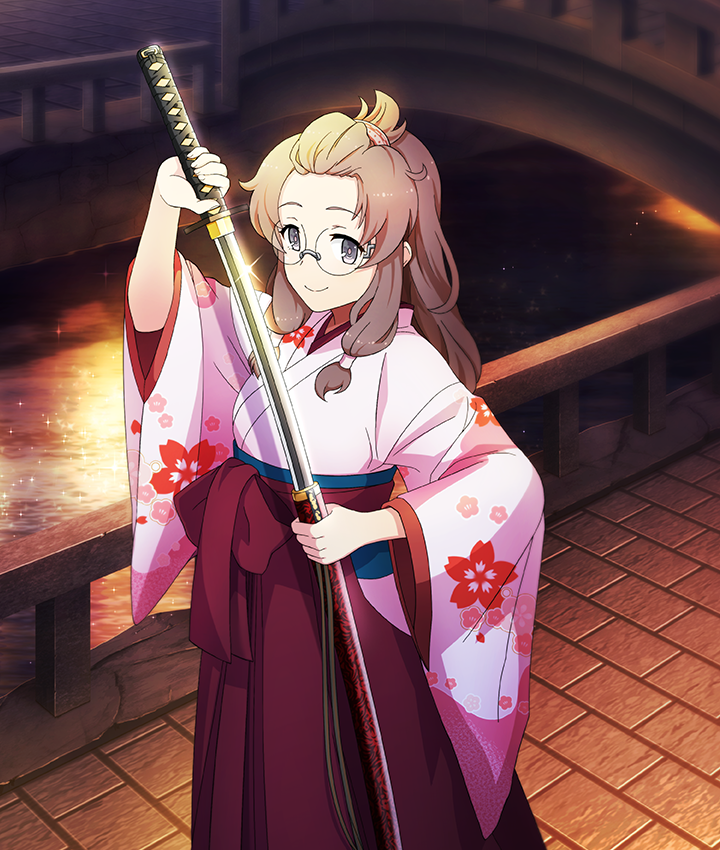 1girl, bangs_pinned_back, brick_road, bridge, brown_hair, closed_mouth, drawing_sword, floral_print