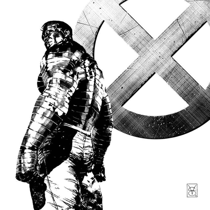 1boy, artist_name, black_hair, bodysuit, broad_shoulders, colored_skin, colossus_(x-men), commentary, english_commentary, gloves, highres, looking_to_the_side, male_focus, marvel, metal_skin, monochrome, muscular, realistic, signature, superhero_costume, valerio_giangiordano, western_comics_(style), x-men, x-uniform, x_(symbol)