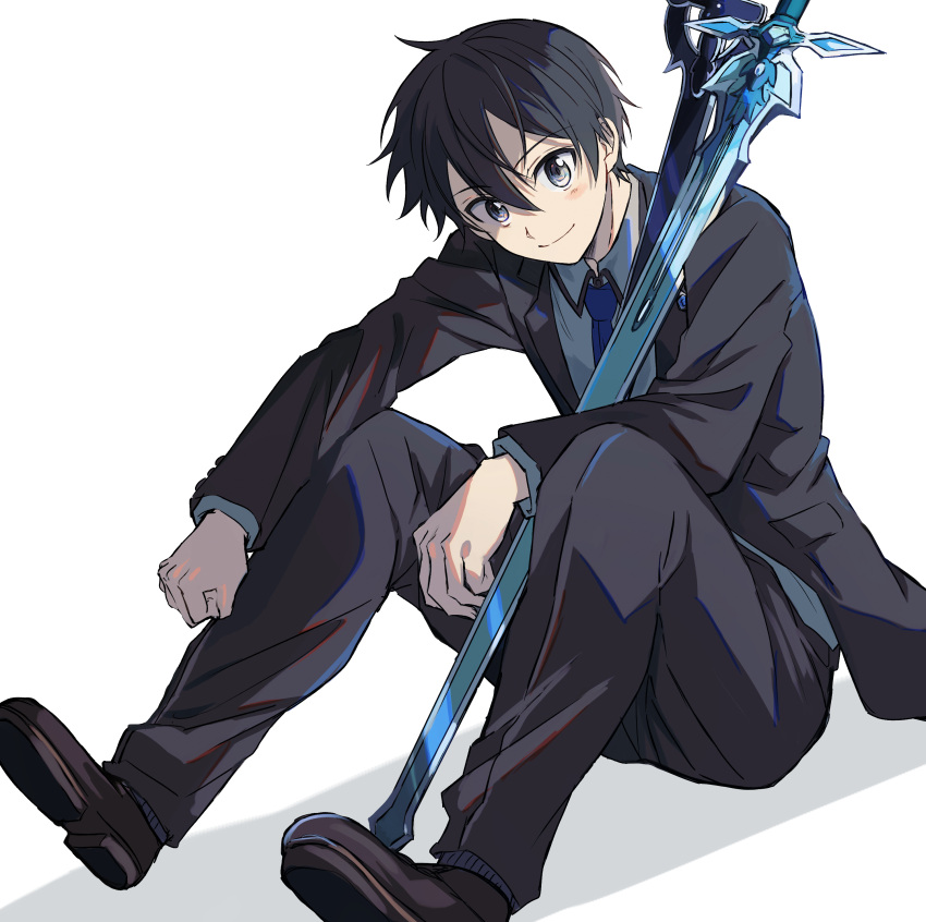 1boy, absurdres, aqua_shirt, black_hair, black_jacket, black_pants, black_shoes, blue_necktie