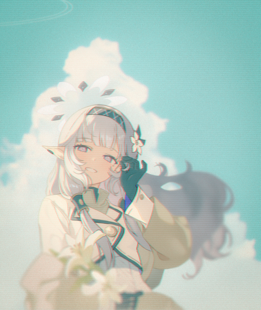 1girl, admiralkeyes, black_gloves, blue_archive, blue_hairband, blue_sky, blurry, clouds