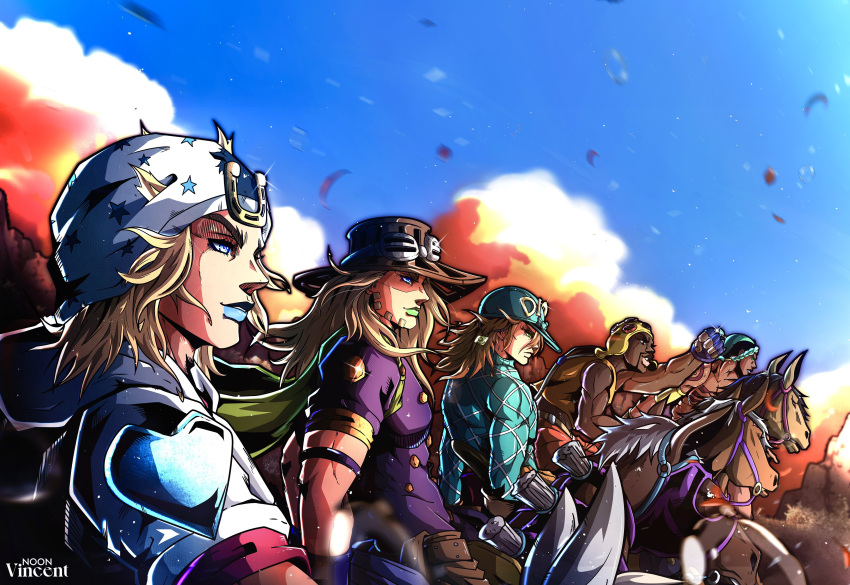 5boys, absurdres, aqua_hair, argyle_clothes, argyle_sweater, arm_tattoo, artist_name, beanie