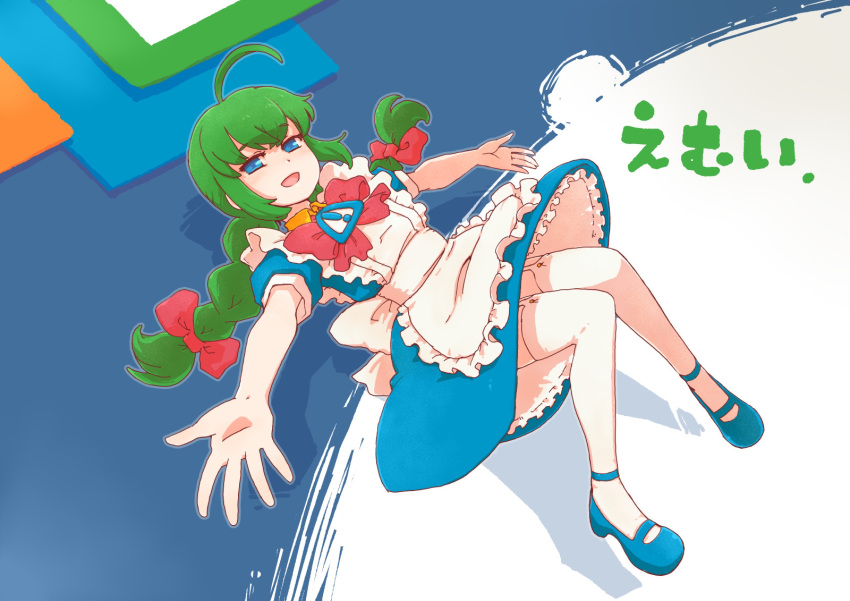 1girl, :d, ahoge, apron, back_bow, blue_dress, blue_eyes, blue_shoes, bow, bowtie, braid, commentary_request, dress, frilled_apron, frills, garter_straps, green_hair, highres, imuhata_shimuro, long_hair, maid, maid_apron, mary_janes, me-tan, open_mouth, os-tan, outstretched_arms, petticoat, red_bow, red_bowtie, shoes, short_sleeves, sign, smile, solo, spread_arms, thigh-highs, twin_braids, twintails, warning_sign, white_apron, white_bow, white_thighhighs